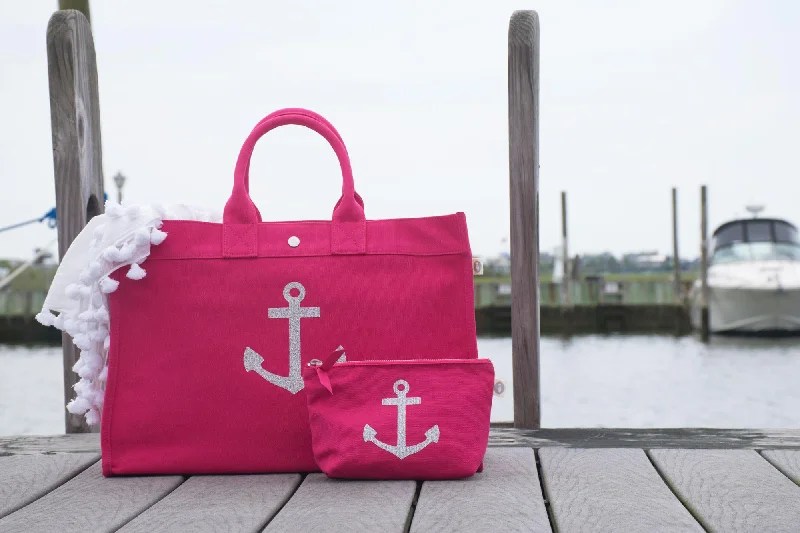 Style Redefined East-West Bag Hot Pink with Silver Anchor Flash Sale On Handbags