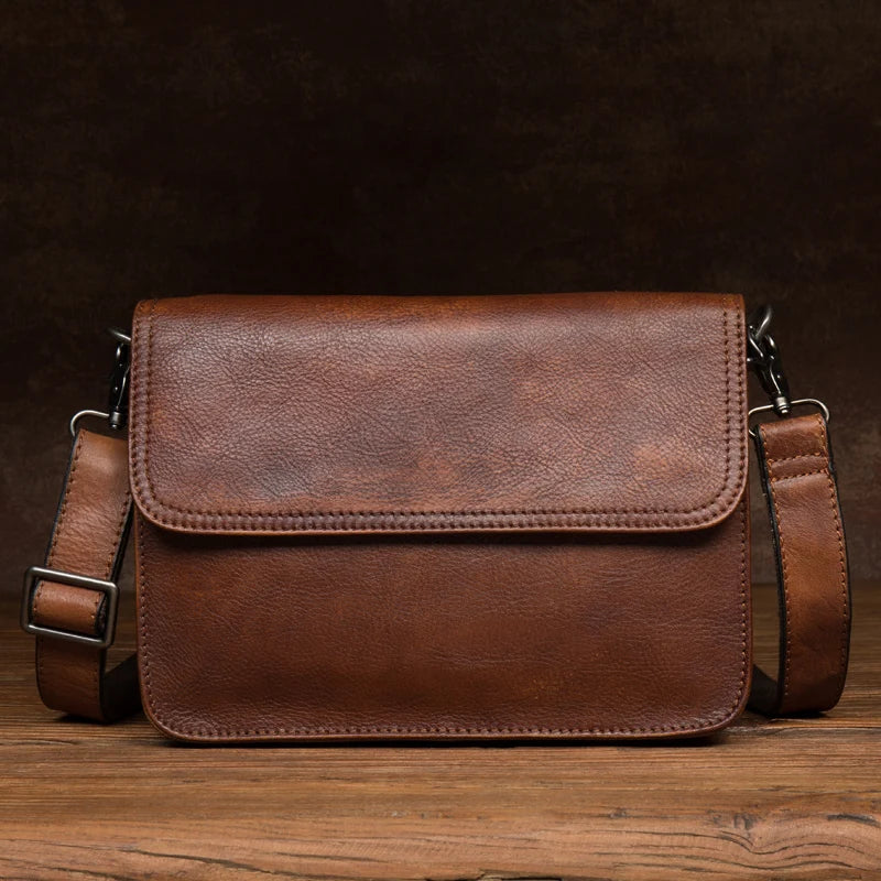 Original hand-rubbed leisure messenger bag vegetable tanned leather handbag leather retro men's Baotou leather shoulder bag Fashionable Handbags, Limited-Time Deals