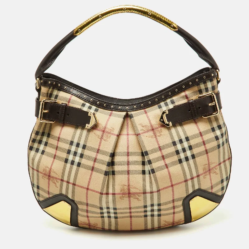 Burberry Dark /beige House Check Pvc And Leather Studded Hartley Hobo