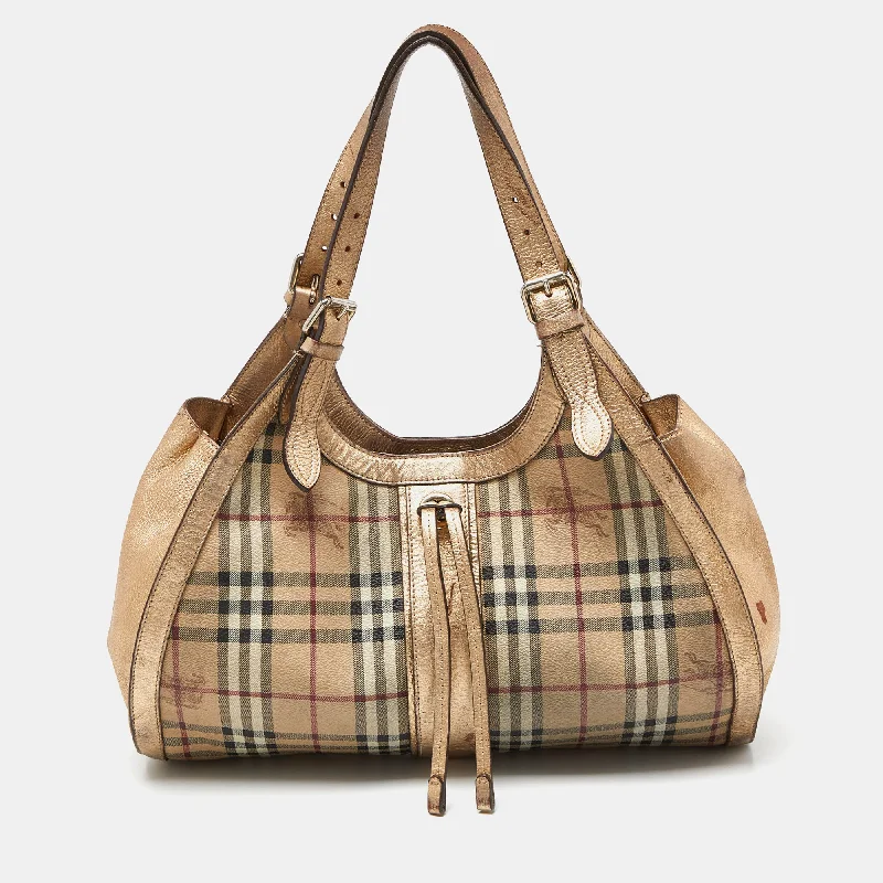 Burberry /gold Haymarket Check Pvc And Leather Hobo Elevate Your Style With Our Handbag Sale Burberry /gold Haymarket Check Pvc And Leather Hobo Elevate Your Style With Our Handbag Sale