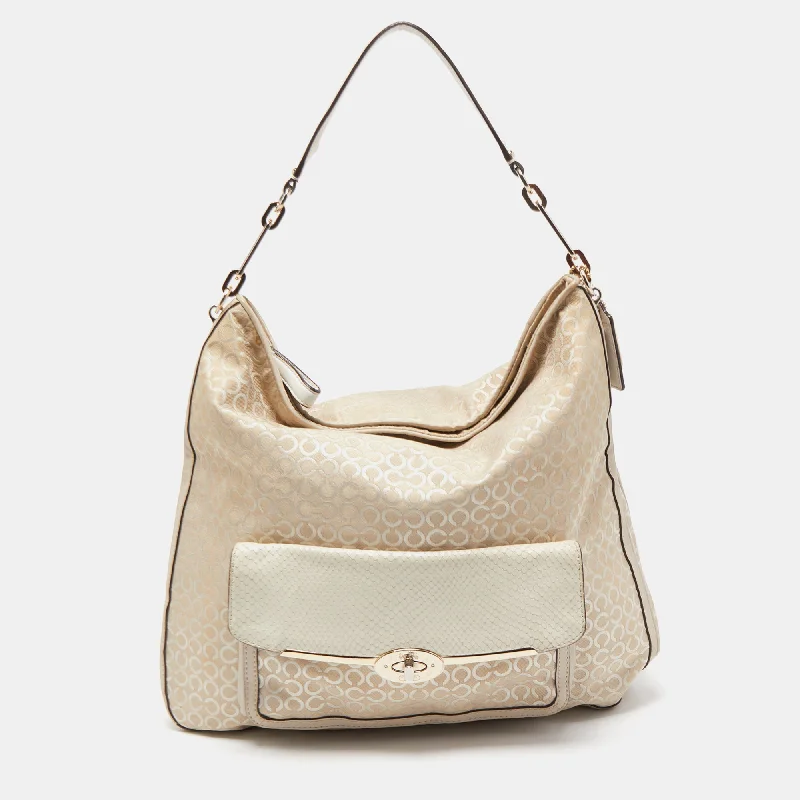Coach Cream Op Art Fabric And Leather Madison Hobo Luxury Handbags, Budget-Friendly Coach Cream Op Art Fabric And Leather Madison Hobo Luxury Handbags, Budget-Friendly
