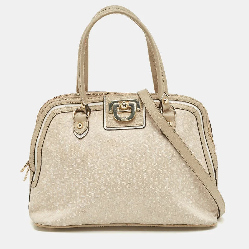 Dkny Cream/beige Signature Canvas And Leather Dome Satchel