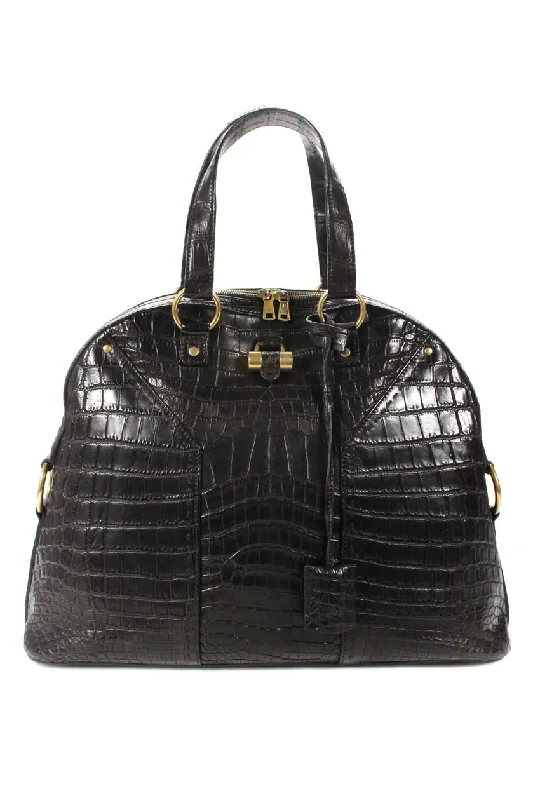 Yves Saint Laurent Crocodile Muse Satchel Handbag Dark Brown Gold Zip