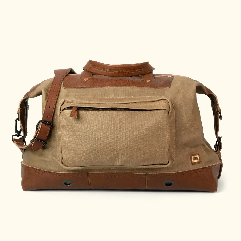 Dakota Waxed Canvas Oversized Weekend Bag | Field Khaki w/ Chestnut Brown Leather Chic Shoulder Bags At Promotional Rates