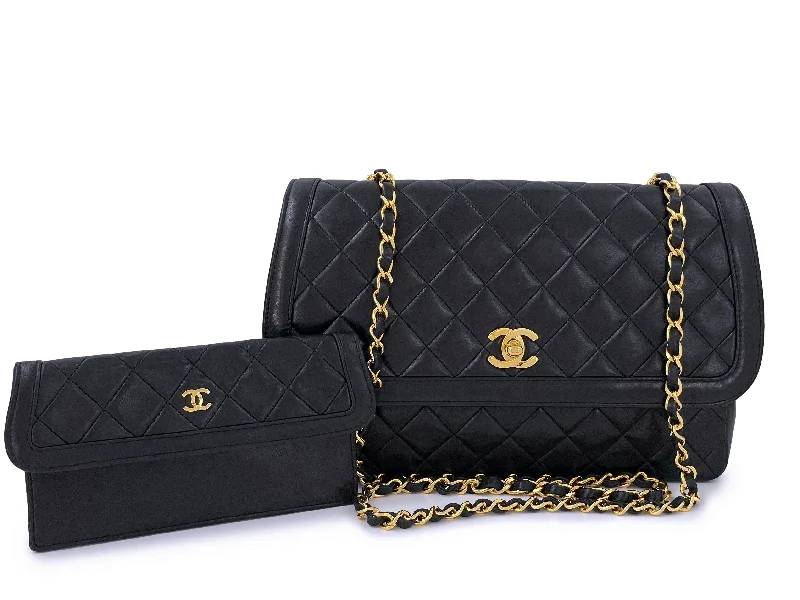 Chanel 1990 Vintage Black Lambskin Framed Flap Bag with Wallet Set