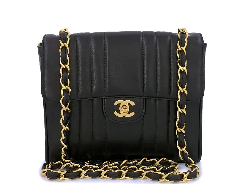 Chanel 1992 Vintage Mademoiselle Square Classic Flap Bag Black Lambskin 24k GHW