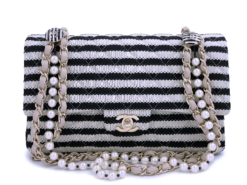 Chanel Beige-Black Coco Sailor Pearls Medium Classic Double Flap Bag GHW