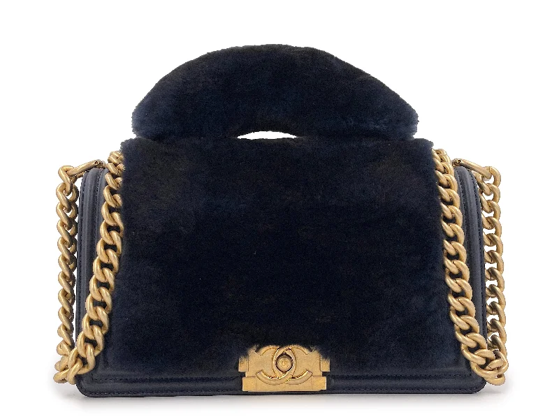 Chanel Fur Boy Handle Flap Bag Blue Black Medium GHW