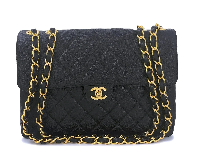 Chanel Vintage Black Caviar Jumbo Classic Flap Bag 24k GHW