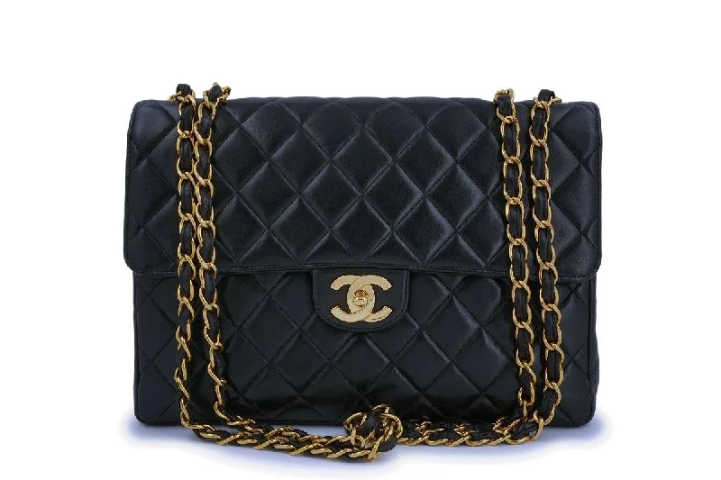 Chanel Vintage Black Lambskin Jumbo Classic Flap Bag 24k GHW Chic Shoulder Bags At Promotional Rates Chanel Vintage Black Lambskin Jumbo Classic Flap Bag 24k GHW Chic Shoulder Bags At Promotional Rates