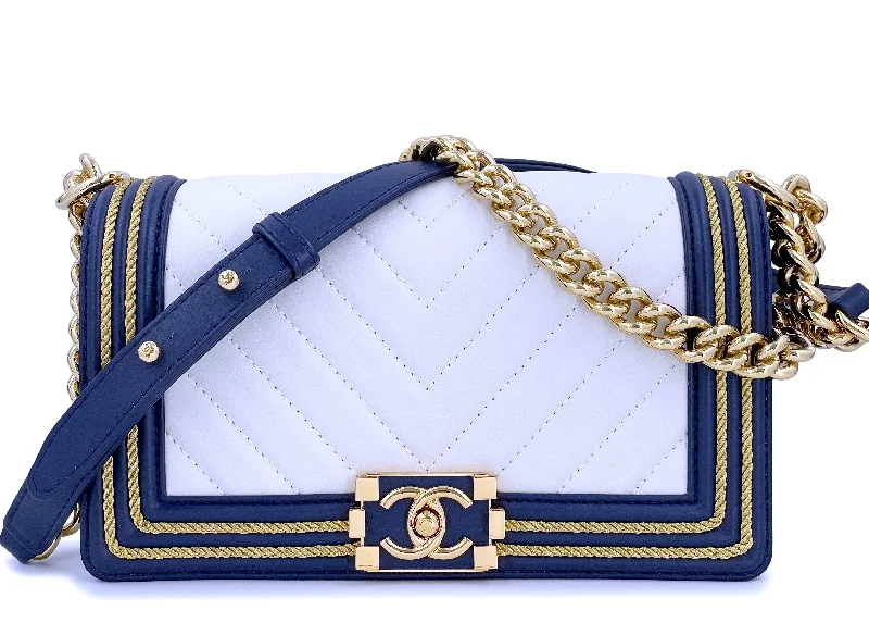 Chanel 19C By the Sea White Chevron Navy Blue Gold Rope Framed Boy Flap Bag GHW