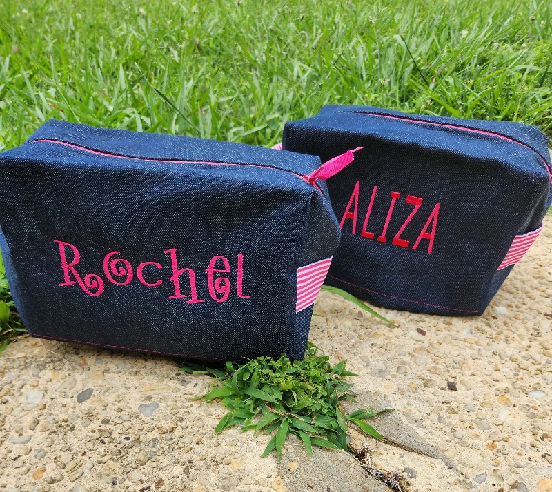 Denim and Hot Pink Stripe Toiletry Bag Stylish Bags, Unbeatable Prices