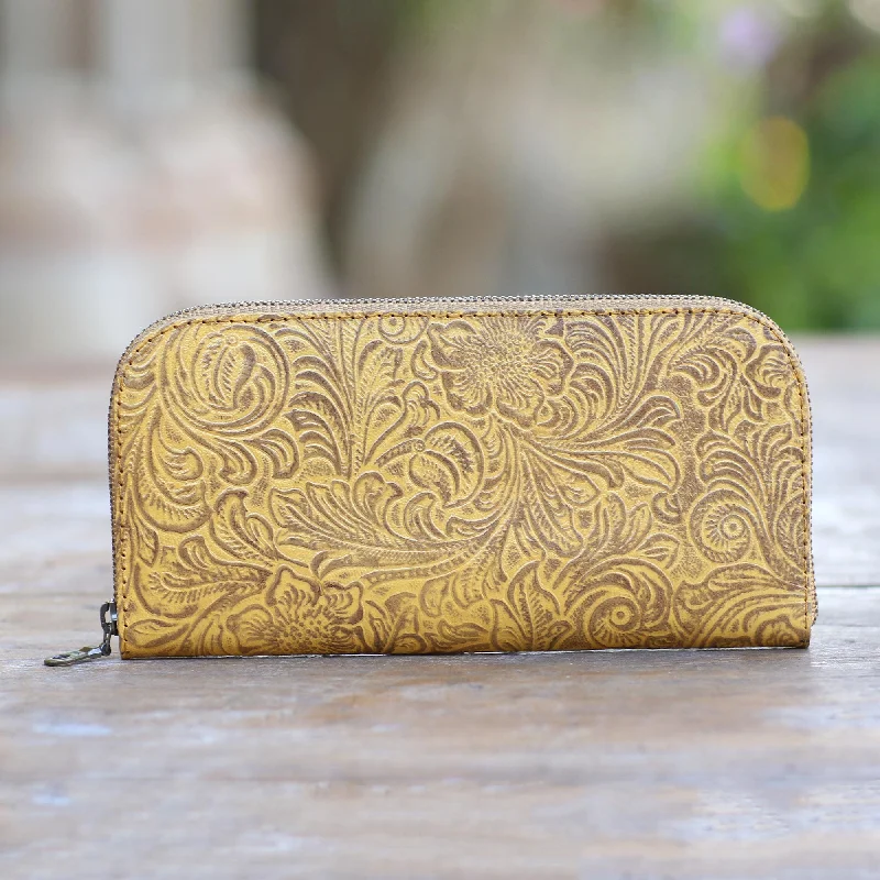 Handmade Yellow Leather Wallet from Bali - Flowers of Ubud in Maize Stylish Totes, Special Discounts Handmade Yellow Leather Wallet from Bali - Flowers of Ubud in Maize Stylish Totes, Special Discounts