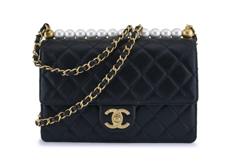 NIB 19S Chanel Black Lambskin Chic Pearls Classic Limited Mini Pearl Flap Bag GHW