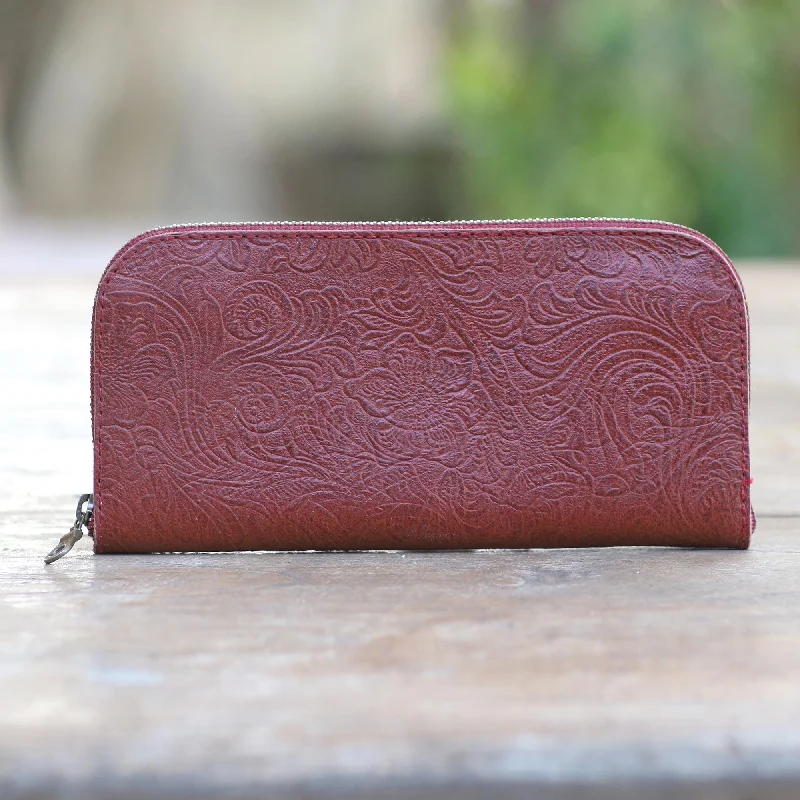 Red Leather Wallet Tooled with Floral Designs - Flowers of Ubud in Red Everyday Bags At Wallet-Friendly Prices Red Leather Wallet Tooled with Floral Designs - Flowers of Ubud in Red Everyday Bags At Wallet-Friendly Prices
