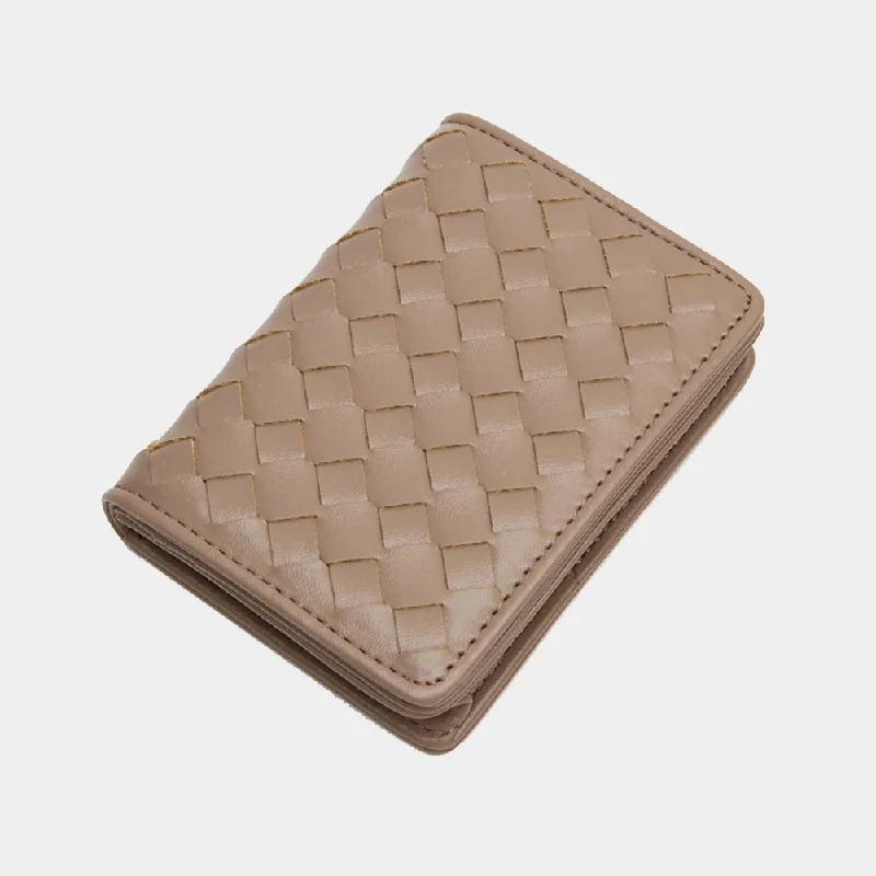 Vegan Leather Basket Weave Card Holder Wallet in Cumin Trendy Bags, Huge Savings