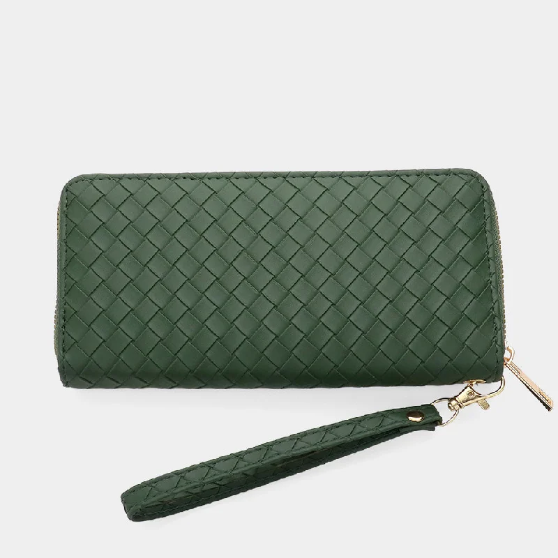 Vegan Leather Basket Weave Wallet with Wristlet in Dark Green Stylish And Functional Bags Now At Reduced Rates Vegan Leather Basket Weave Wallet with Wristlet in Dark Green Stylish And Functional Bags Now At Reduced Rates