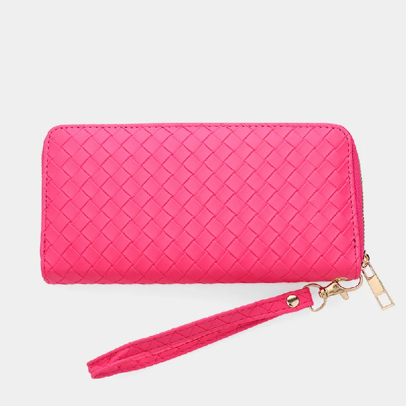 Vegan Leather Basket Weave Wallet with Wristlet in Fushcia Everyday Handbags At Wallet-Friendly Prices