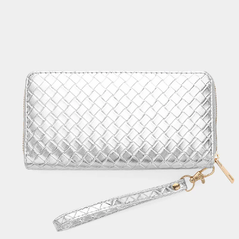 Vegan Leather Basket Weave Wallet with Wristlet in Silver Trendy And Classic Bags Now At Unbeatable Discounts Vegan Leather Basket Weave Wallet with Wristlet in Silver Trendy And Classic Bags Now At Unbeatable Discounts