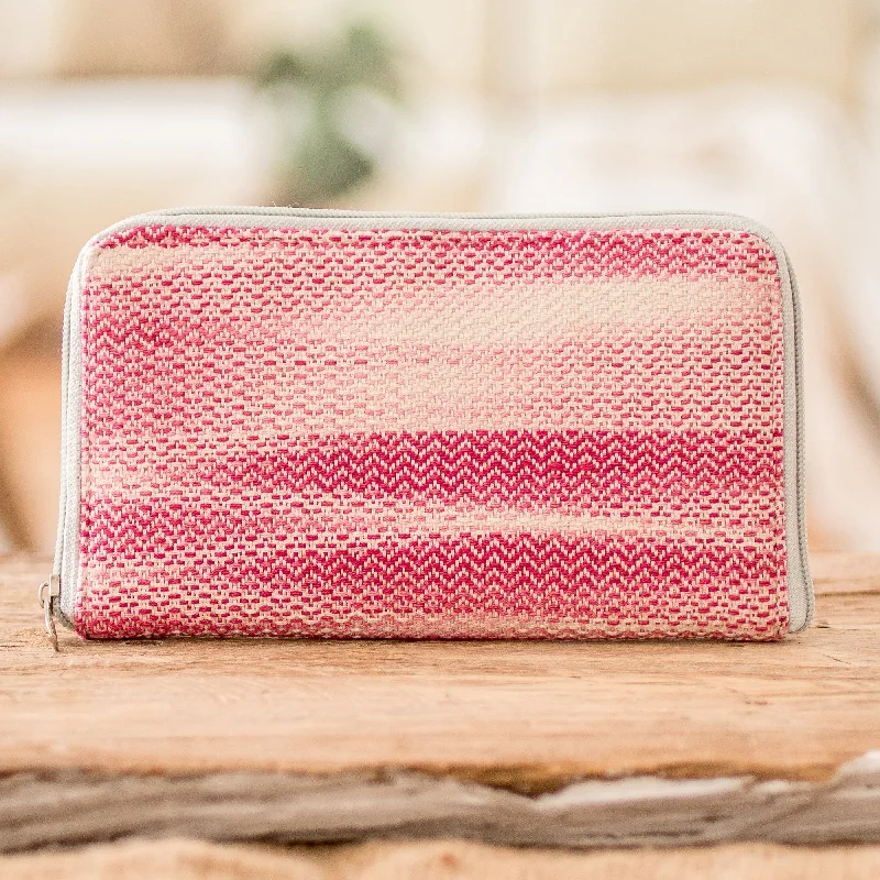 Hand-Woven Cotton Zipper Wallet in Cherry Pink and White - Colors of Tradition in Cherry Designer-Inspired Bags, Best Prices Hand-Woven Cotton Zipper Wallet in Cherry Pink and White - Colors of Tradition in Cherry Designer-Inspired Bags, Best Prices
