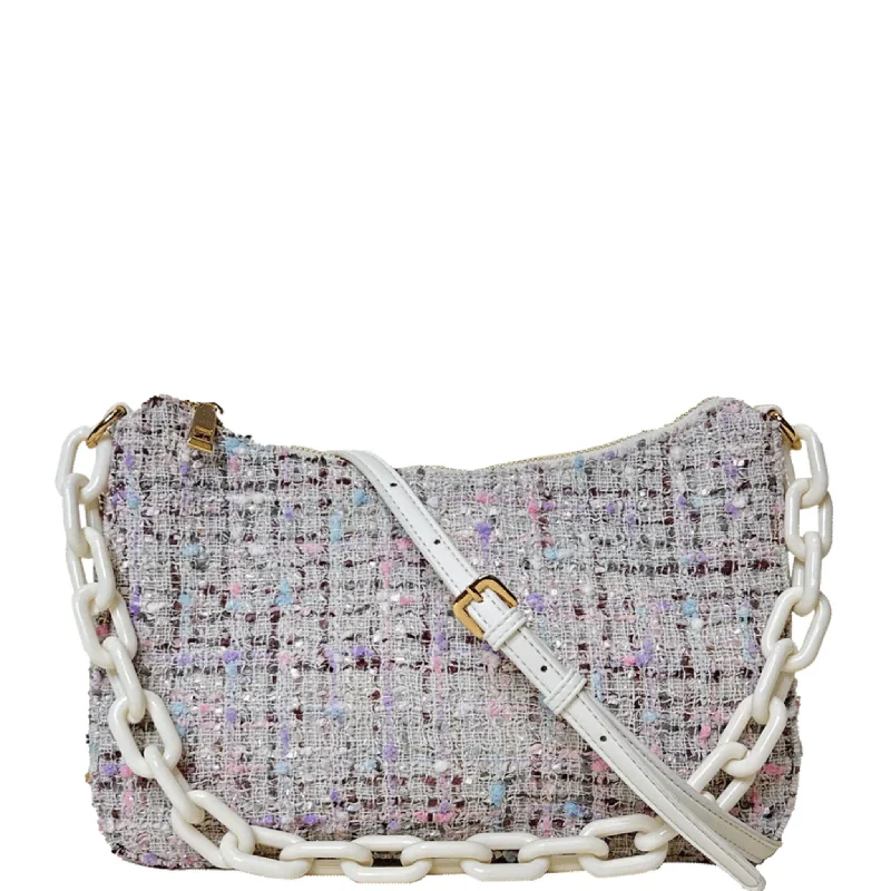 Terry Tweed Shoulder Bag w/Skinny Self Strap & Resin Shoulder Strap Elegant Purses, Shop & Save